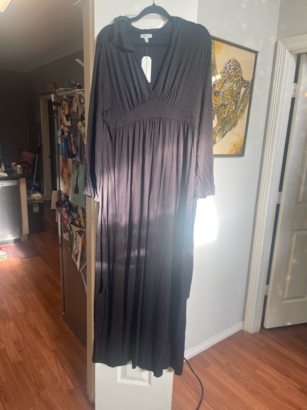 Earthbound Long Black Maxi Dress with V-Neck and Long Sleeves